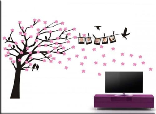 Adesivi Murali Grandi Con Fiori, Rami E Uccelli - Rosa, Decorazione Parete Per Camera Letto, Soggiorno, TV - Rimovibili