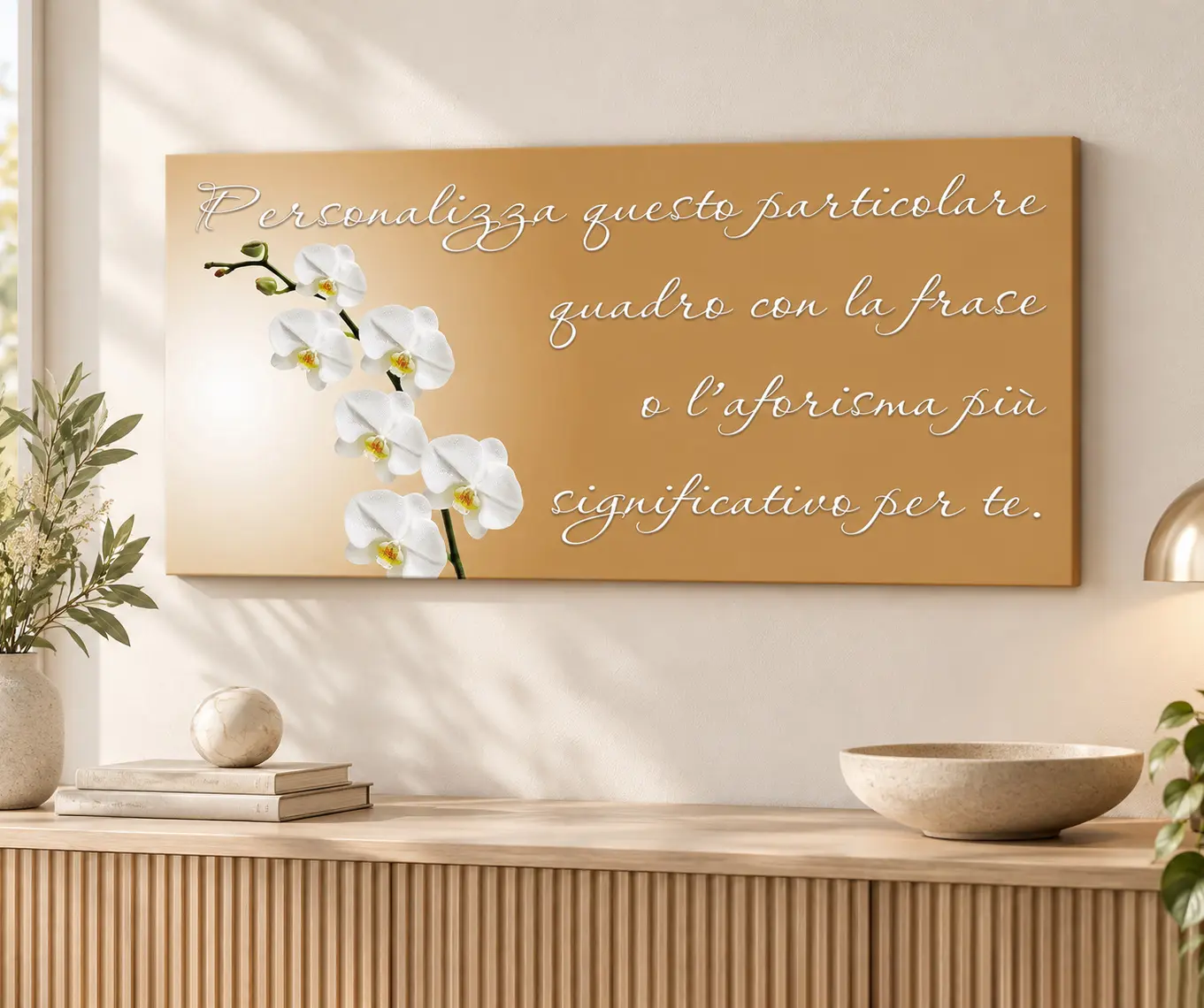 Stampa su tela con frase personalizzata inserita in un ambiente elegante e accogliente