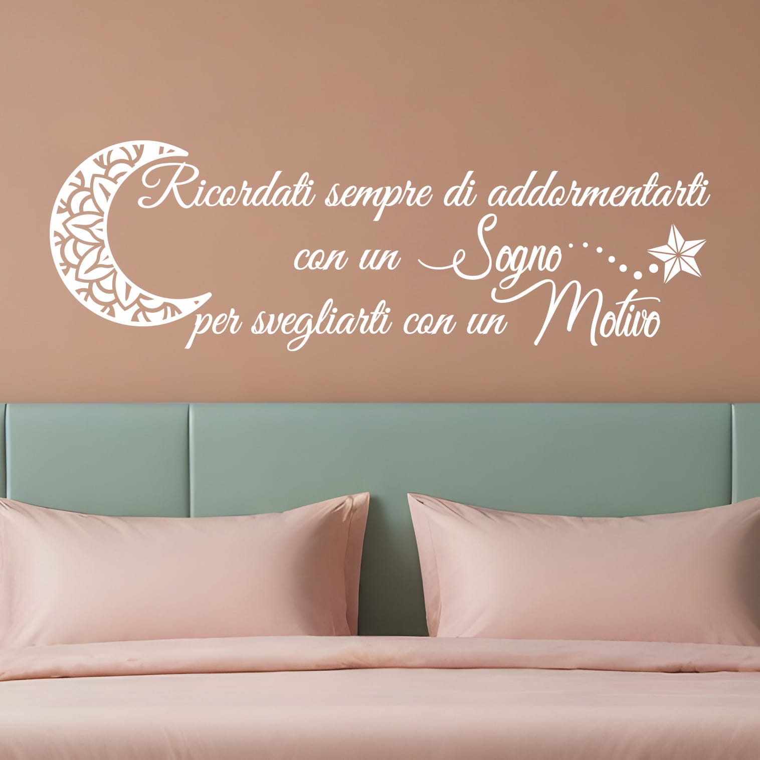 Adesivi da parete frase camera da letto di colore bianco su parete scura, per ambiente romantico.
