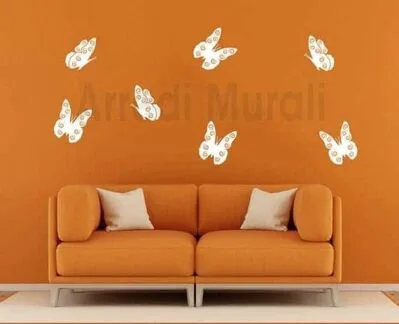 INDIGOS UG - Decalcomanie da muro - adesivi da parete - Murale - farfalle, 15 x 15 cm, 13 x 13,11 x 11 cm, 3 pezzi, arancione - Decorazione per soggiorno, camera dei bambini, ufficio, scuola