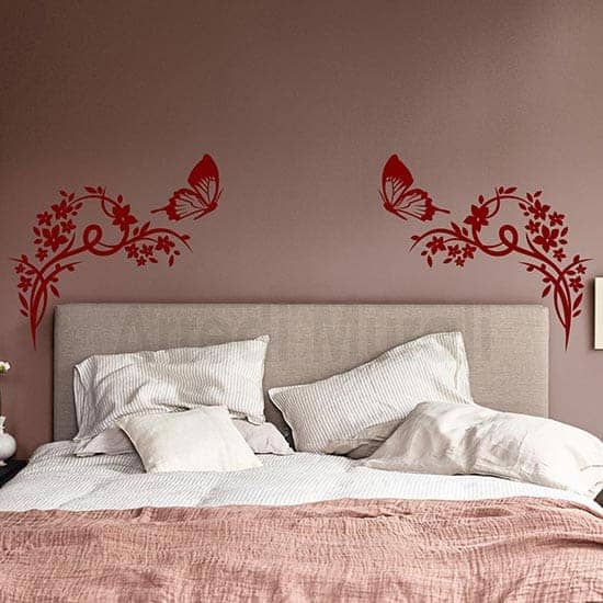 decoro testata letto adesivi murali fiori e farfalle rosso