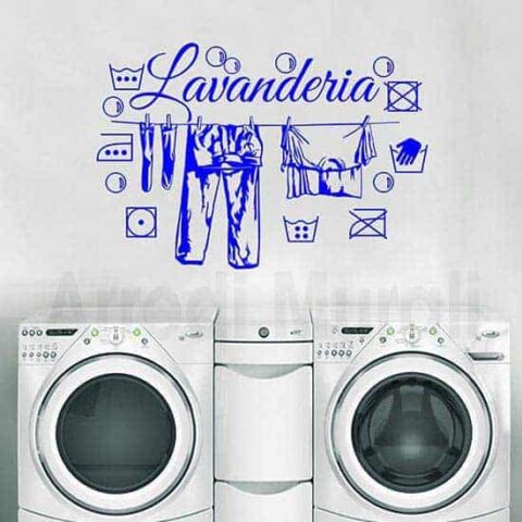 adesivi murali lavanderia con scritta e simboli del bucato