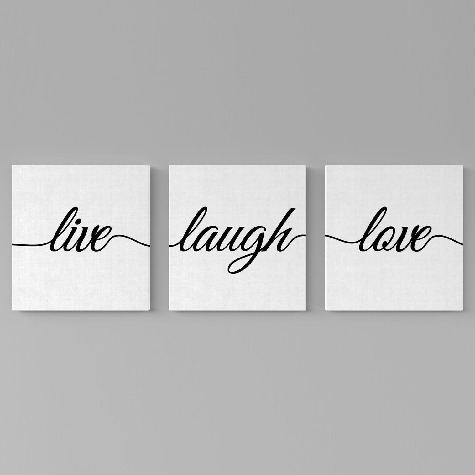 3 quadri moderni con scritte stampate su tela, pronti da appendere.
