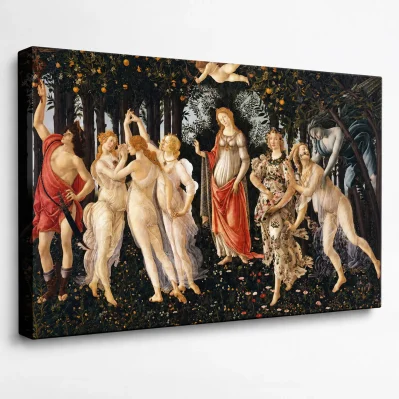 Quadro La Primavera di Botticelli visto in prospettiva con bordo laterale stampato su tela