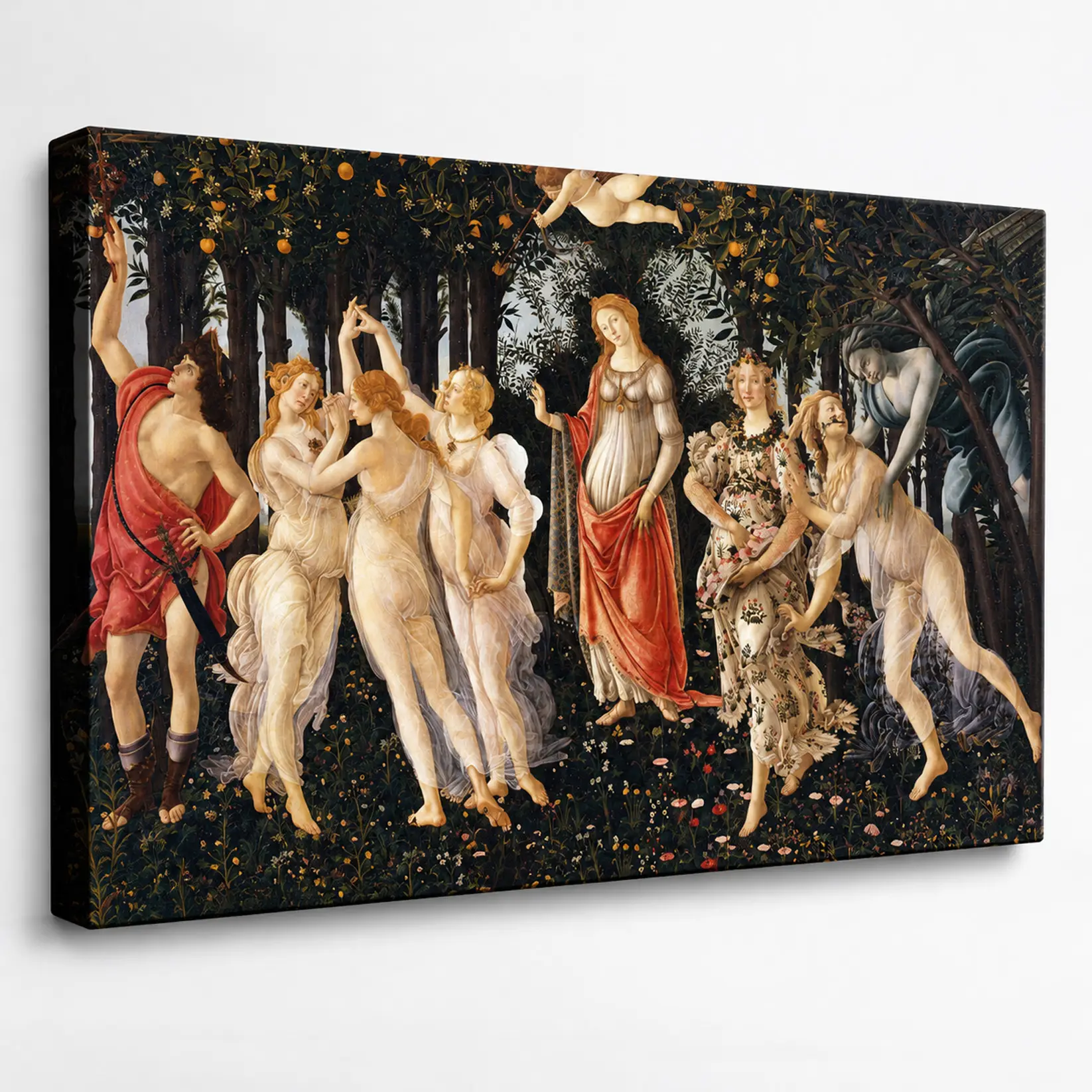 Quadro La Primavera di Botticelli visto in prospettiva con bordo laterale stampato su tela