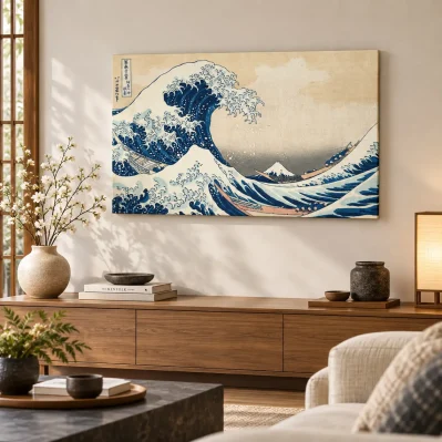 Quadro Hokusai Grande Onda su tela 80x50 cm, ambientato in soggiorno moderno con arredo in legno.