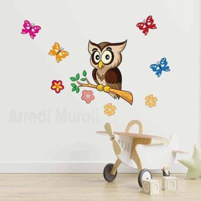 Adesivi murali bambini gufo con farfalle per decorare le camerette