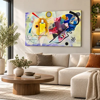Quadro Kandinsky Giallo Rosso Blu su tela 80x50 cm ambientato in soggiorno moderno.