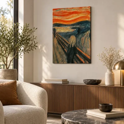Quadro Urlo di Munch su tela 50x70 cm, ambientato in soggiorno moderno con mobile in legno e arredo elegante.