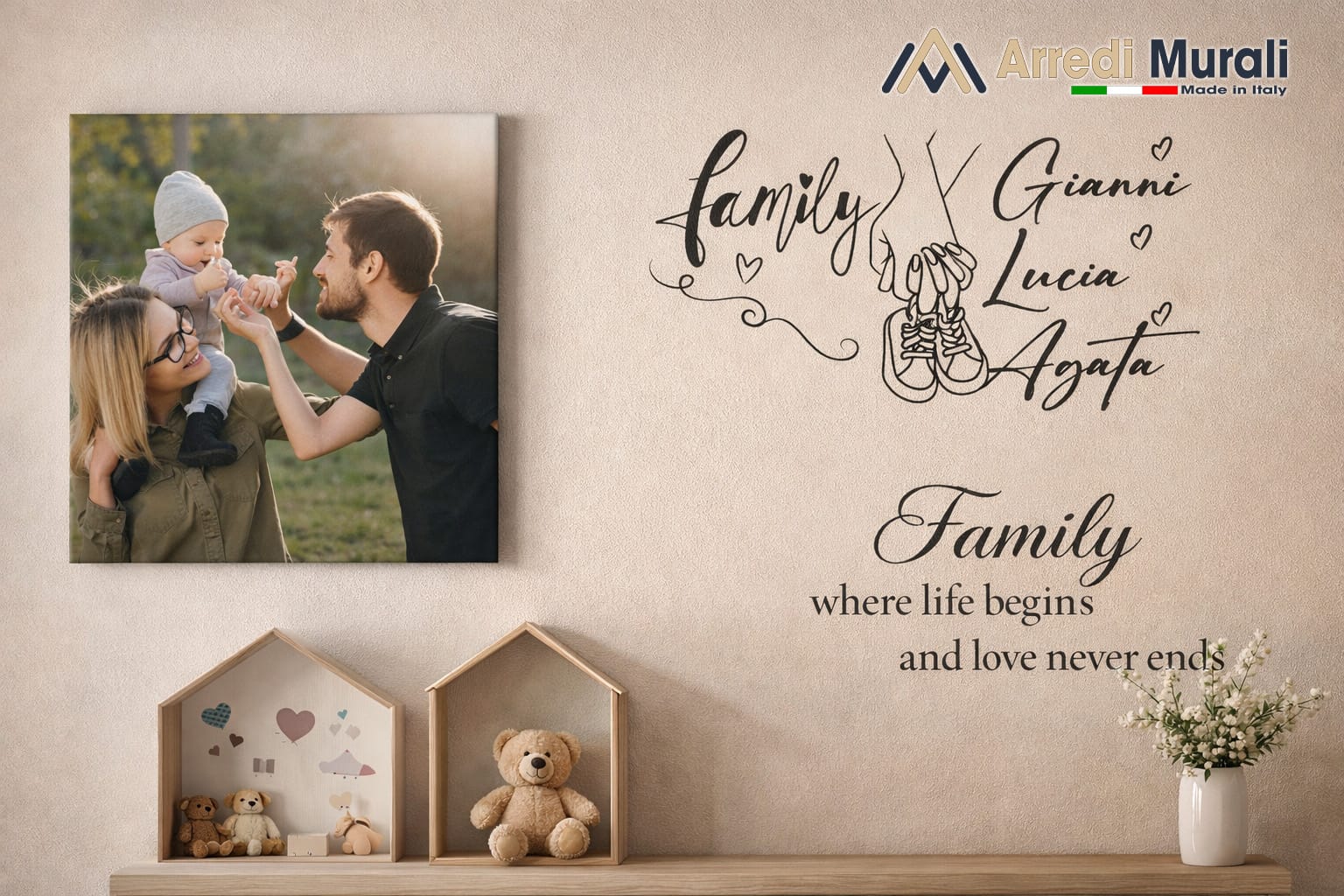 regali personalizzati per la casa con quadro personalizzato su tela e adesivo murale famiglia con nomi