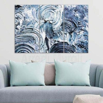 Quadri astratti moderni pennellate blu tris di tele canvas