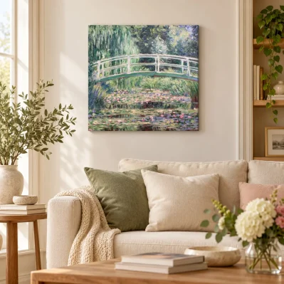 Quadro famoso Ninfee di Monet, riproduzione su tela, ambientato in un soggiorno elegante e luminoso