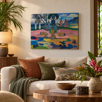 Quadro Giorno di Dio di Gauguin su tela 55x40 cm, ambientato in soggiorno boho elegante con divano chiaro e arredo naturale.