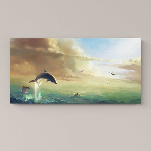 Quadro su tela con paesaggio e delfino decorazione da muro