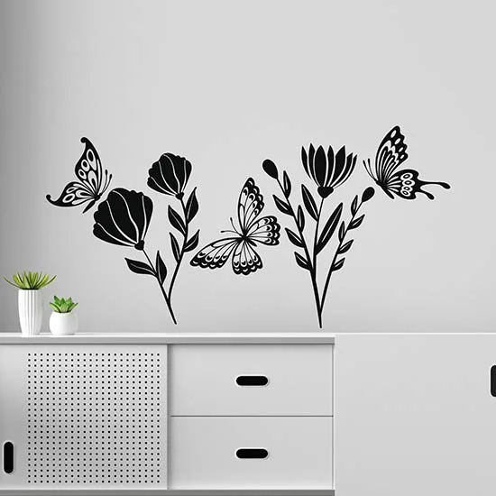 Adesivo Murale In PVC 25x35 Cm - Crisantemi, Farfalle E Libellule, Decorazione Da Parete Fai Da Te