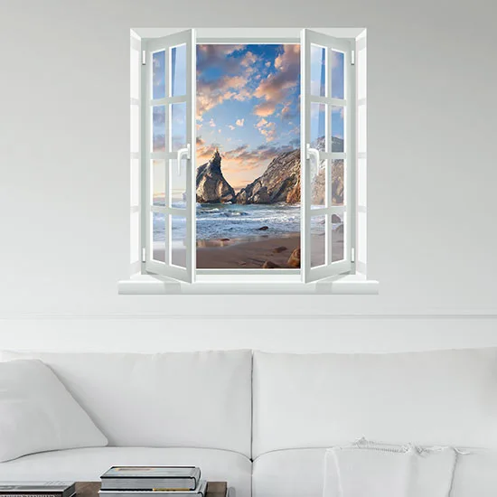 WTD Adesivo Murale In Vinile 60x90 Cm - Finestra Verticale Con Tenda, Foresta E Fiume, Rimovibile - 2