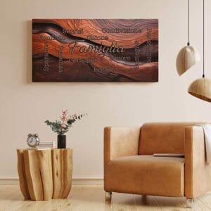Quadro con legno e scritte famiglia su tela