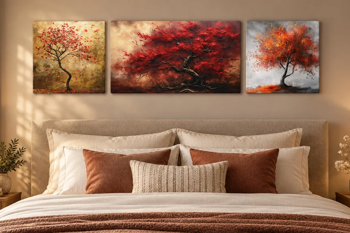 Trittico di quadri con alberi rossi sopra il letto in camera da letto