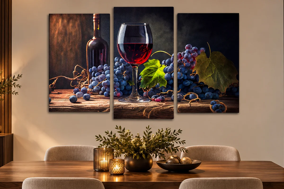 Quadri moderni con vino su tela in sala da pranzo