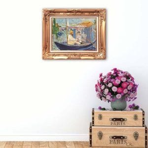 Quadro di Monet che dipinge sulla sua barca stampa su tela