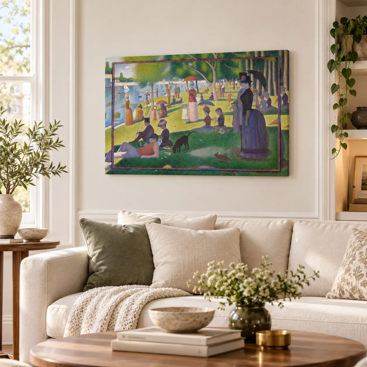 Quadro Una domenica pomeriggio di Seurat su tela 60x40 cm, ambientato in soggiorno elegante con divano chiaro e arredo raffinato.