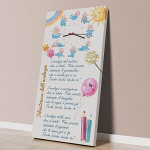 Orologio da parete su tela con filastrocca dedicata ai bambini, pensato per rendere l’apprendimento del tempo semplice e divertente, arricchendo l'arredamento della cameretta.