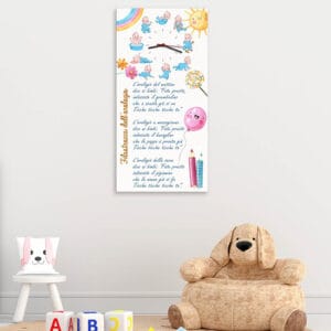 Orologio per cameretta con disegni colorati e filastrocca, un accessorio educativo che unisce gioco e apprendimento, ideale per creare un ambiente accogliente e divertente.