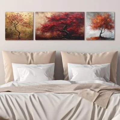 Set di tre quadri moderni con Albero della Vita su tela, decorazione elegante per camera da letto con tonalità calde e dettagli artistici, perfetti per creare un ambiente armonioso e raffinato