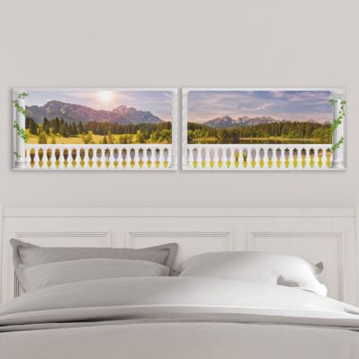 Set quadri su tela con paesaggio rilassante e colonnato bianco – Idea arredo romantico e raffinato.