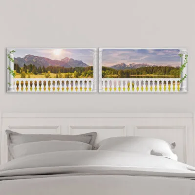 Set quadri su tela con paesaggio rilassante e colonnato bianco – Idea arredo romantico e raffinato.
