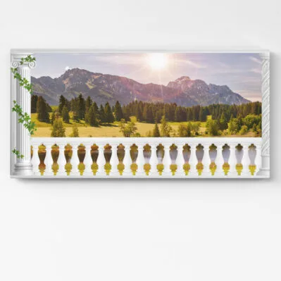Quadro decorativo su tela con vista montagna dal balcone – Set di 2 tele per testiera letto.