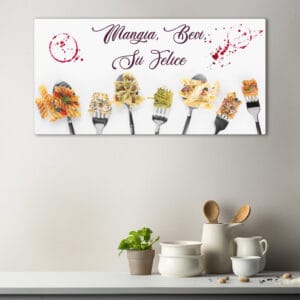 Decorazione murale su tela con tema gastronomico italiano, ideale per cucina moderna e ambienti convivali.