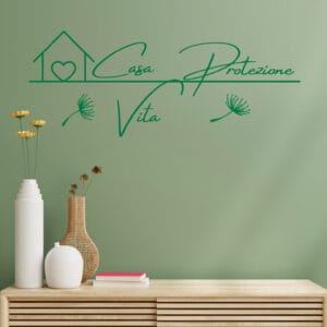 Scritte adesive Arredi Murali applicate in un soggiorno moderno, con parole significative e design sobrio su fondo verde.