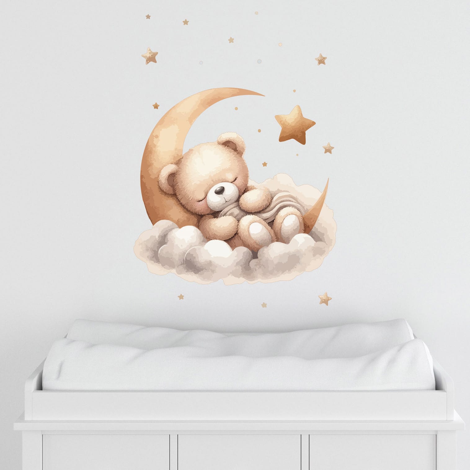 Sticker murale orsetto dormiente su nuvola con luna e stelle per cameretta neonato – decorazione adesiva dolce e rilassante.