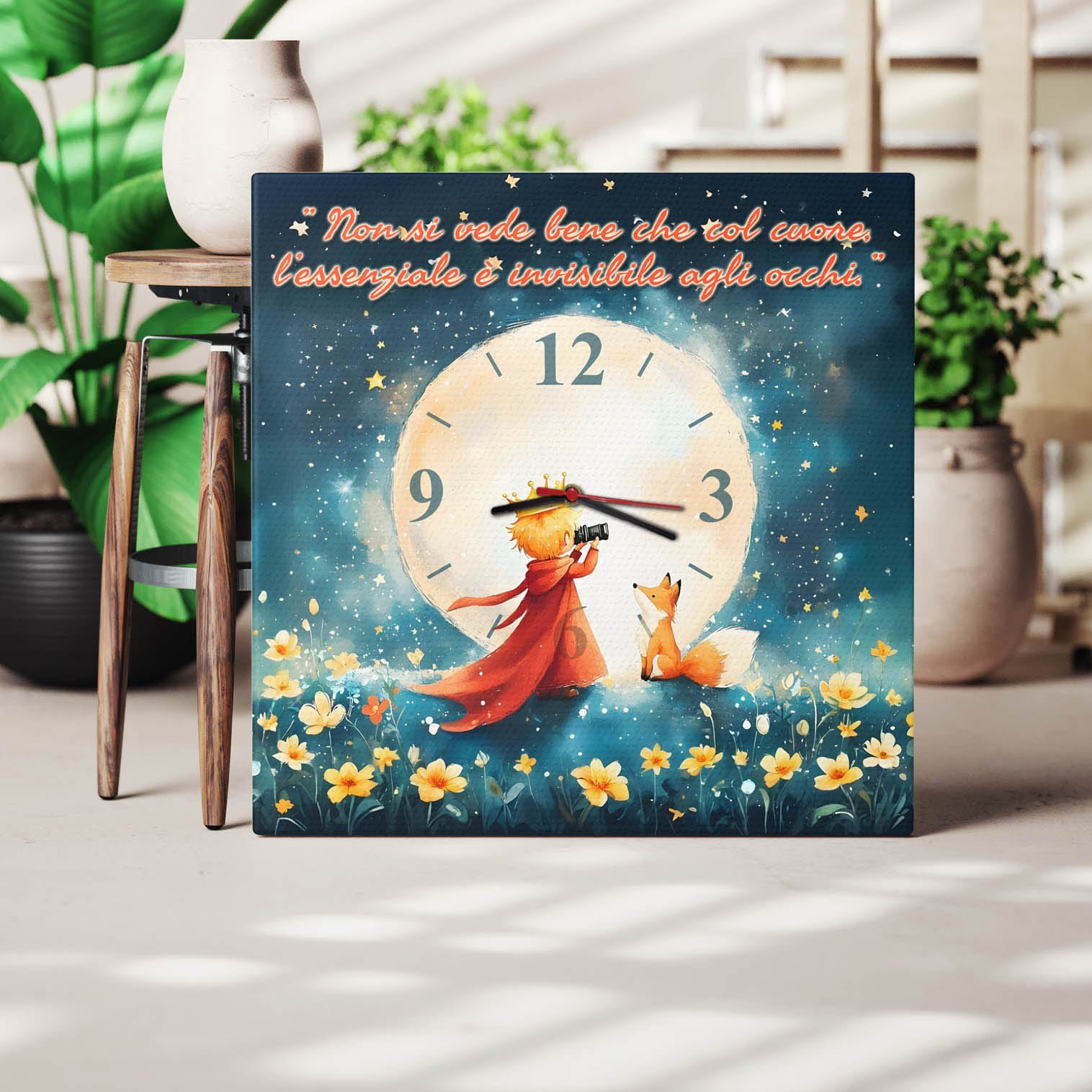 Orologio murale per bambini con stampa artistica del Piccolo Principe che osserva il cielo con un binocolo accanto alla volpe.
