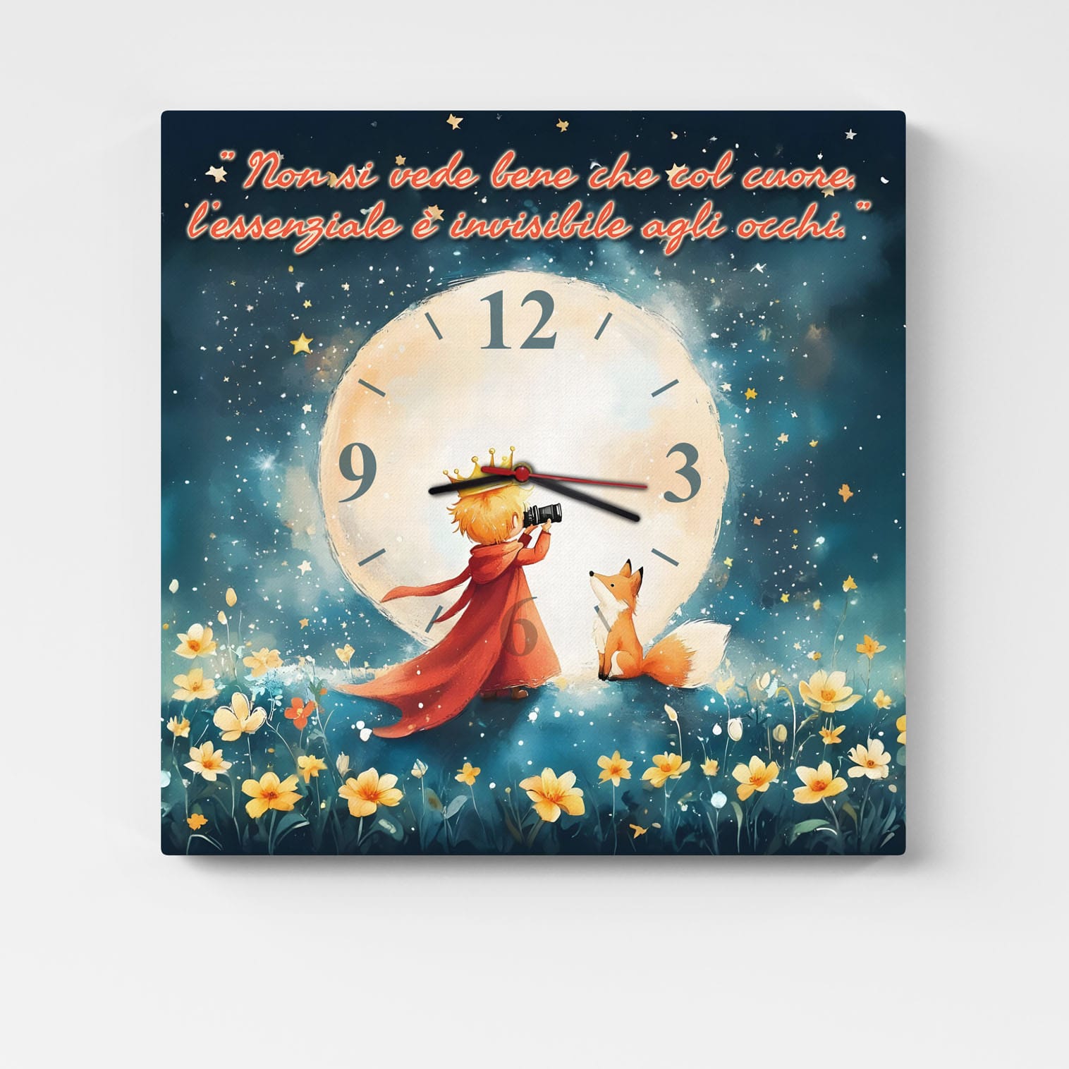 Orologio su tela per cameretta con illustrazione fiabesca del Piccolo Principe e citazione “L’essenziale è invisibile agli occhi”.