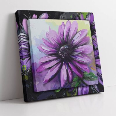 Quadro 3D su tela con fiore viola, perfetto per aggiungere profondità e stile alle pareti del soggiorno moderno.
