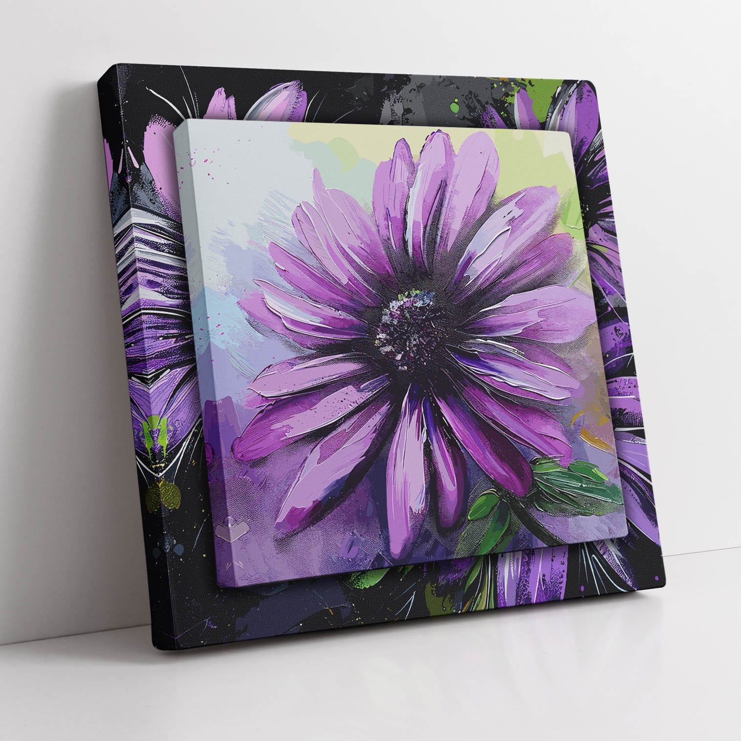 Quadro 3D su tela con fiore viola, perfetto per aggiungere profondità e stile alle pareti del soggiorno moderno.