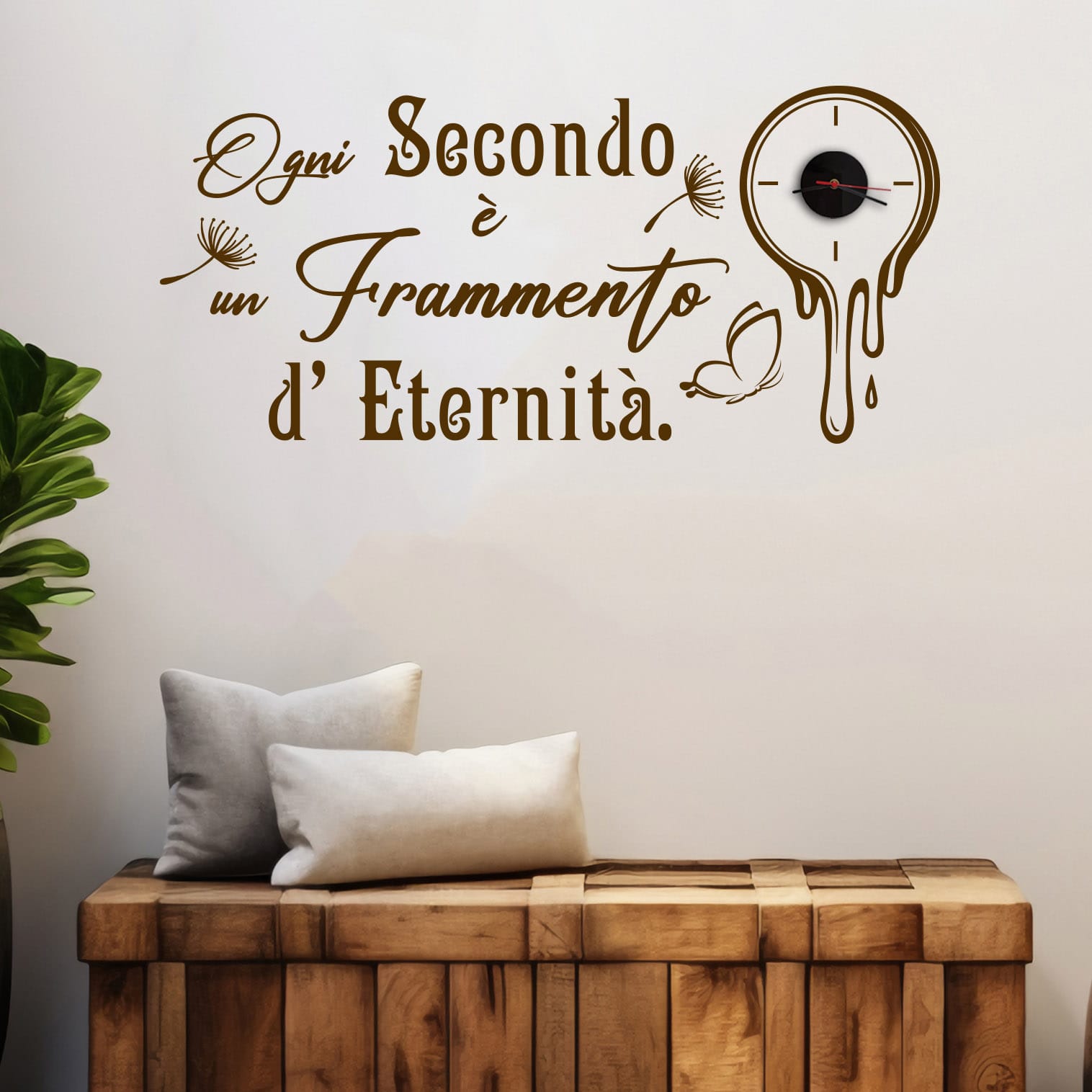 Orologio da muro con scritte adesive e design moderno, perfetto per aggiungere stile e significato alla parete del tuo salotto.