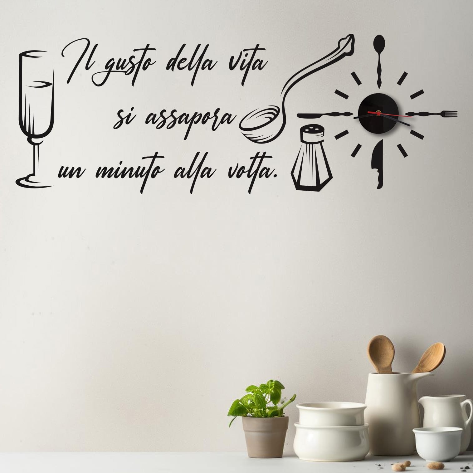 Orologio da cucina moderno con scritta murale “Il gusto della vita si assapora un minuto alla volta”
