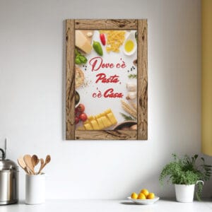 Ambientazione moderna con quadro per cucina con cornice su tela appeso sopra un tavolo da pranzo, perfetto per ristoranti e case.