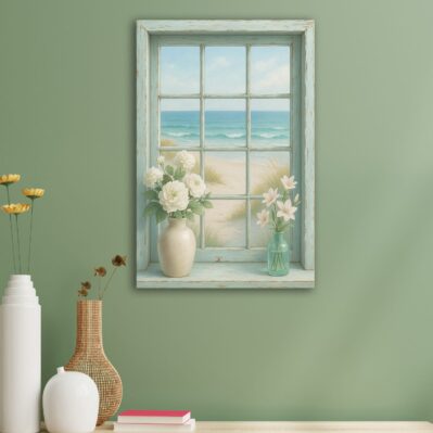 Quadro shabby con finestra e vista mare: un tocco romantico per decorare pareti in stile provenzale.