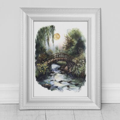 Quadro su tela con paesaggio e cornice stampata, ideale per arredare ambienti eleganti con un tocco naturale e rilassante.