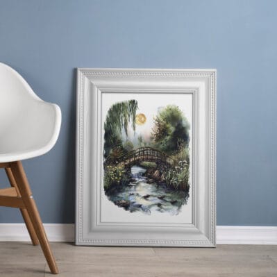 Decorazione d’interni raffinata: quadro su tela con paesaggio e cornice stampata che simula un effetto incorniciato realistico.