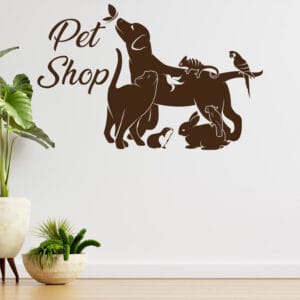 Stickers murali pet shop perfetti per creare un’atmosfera accogliente e giocosa in uno spazio dedicato agli animali domestici.