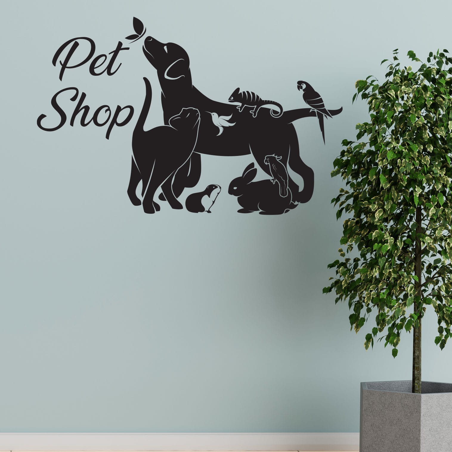 Stickers murali pet shop con sagome di animali per decorare le pareti di negozi dedicati agli amici a quattro zampe.