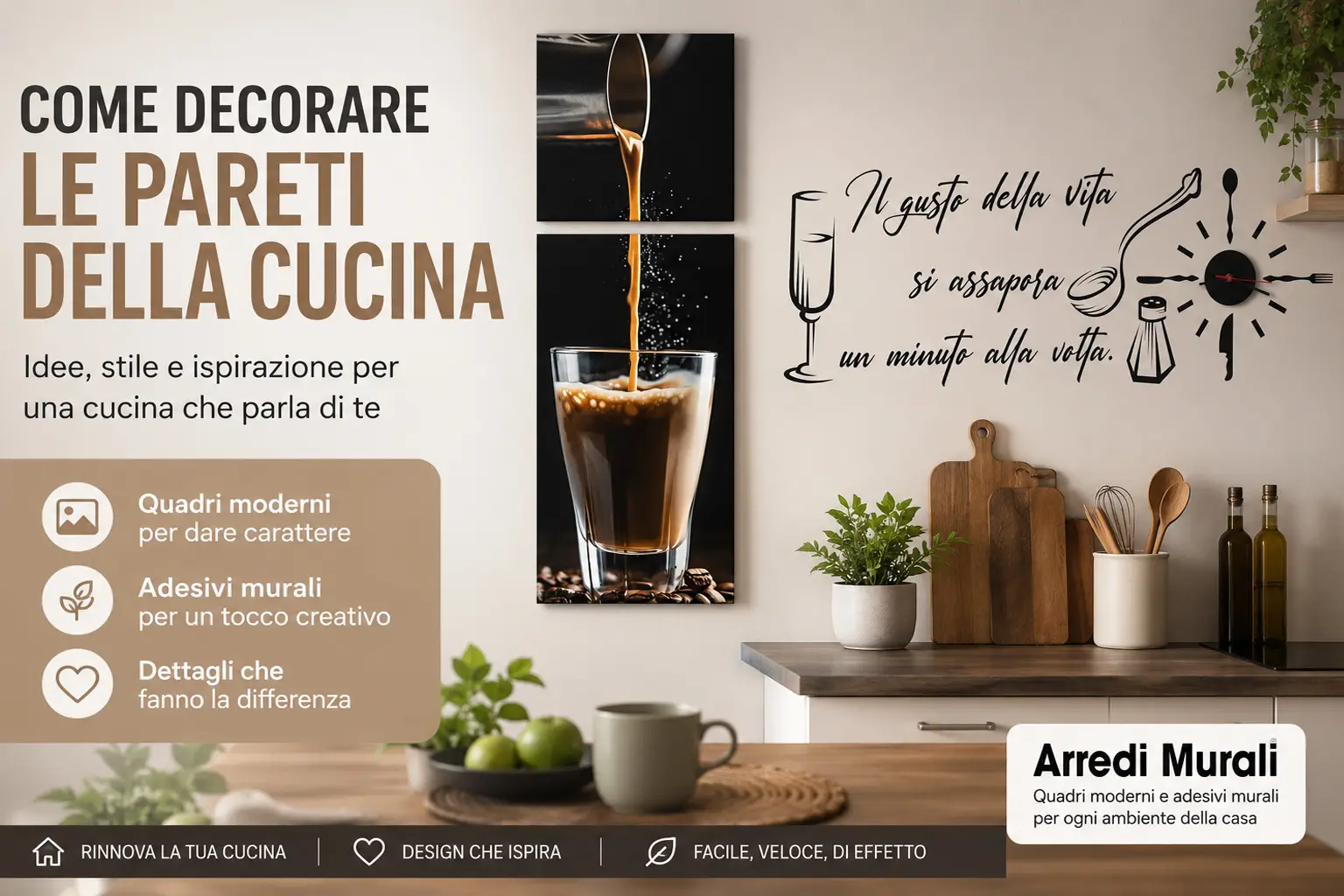 Come decorare le pareti della cucina con quadro caffè e adesivo murale