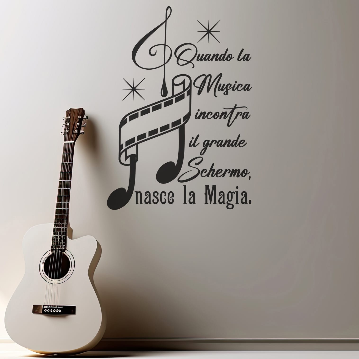 Adesivi per pareti musica e cinema su sfondo bianco, grafica artistica moderna in PVC nero con elementi musicali e cinematografici
