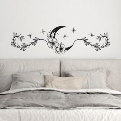 Decorazioni muro camera da letto con adesivi adesivi floreali e luna in vinile nero, ideali per arredare sopra il letto.