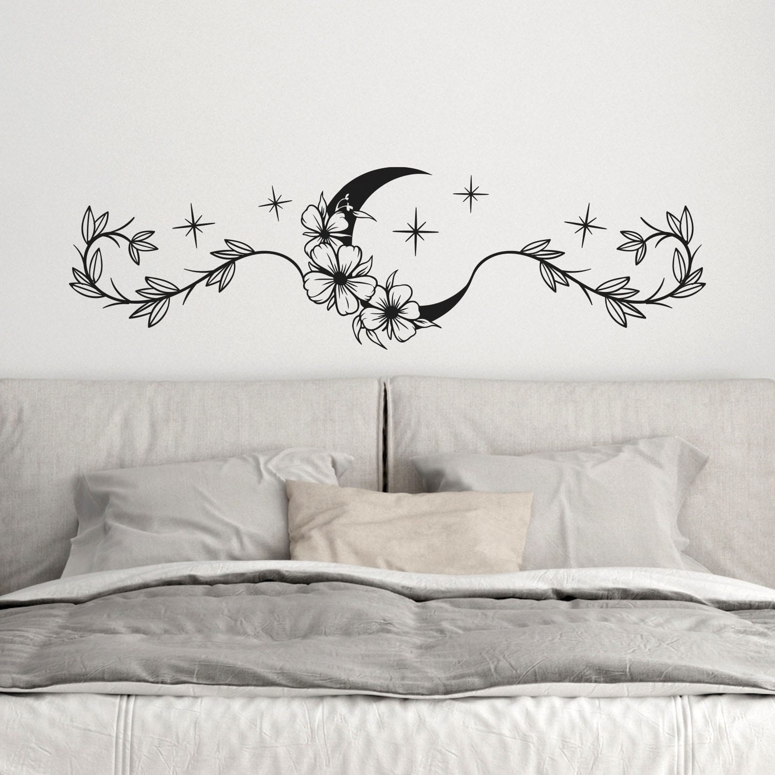 Decorazioni muro camera da letto con adesivi adesivi floreali e luna in vinile nero, ideali per arredare sopra il letto.
